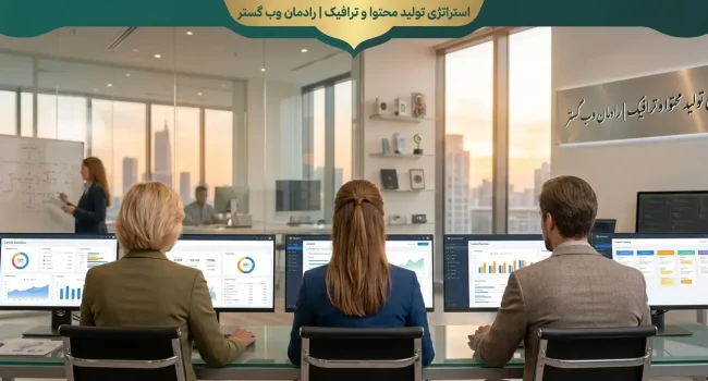 نمودار جامع استراتژی تولید محتوا و ترافیک نشان‌دهنده چرخه تحقیق، تولید، انتشار، تحلیل و بهینه‌سازی محتوا برای رشد پایدار ترافیک ارگانیک